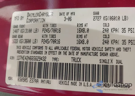 2006 Dodge Dakota Slt z USA, uszkodzony, nr VIN 1D7HE42N66S629432